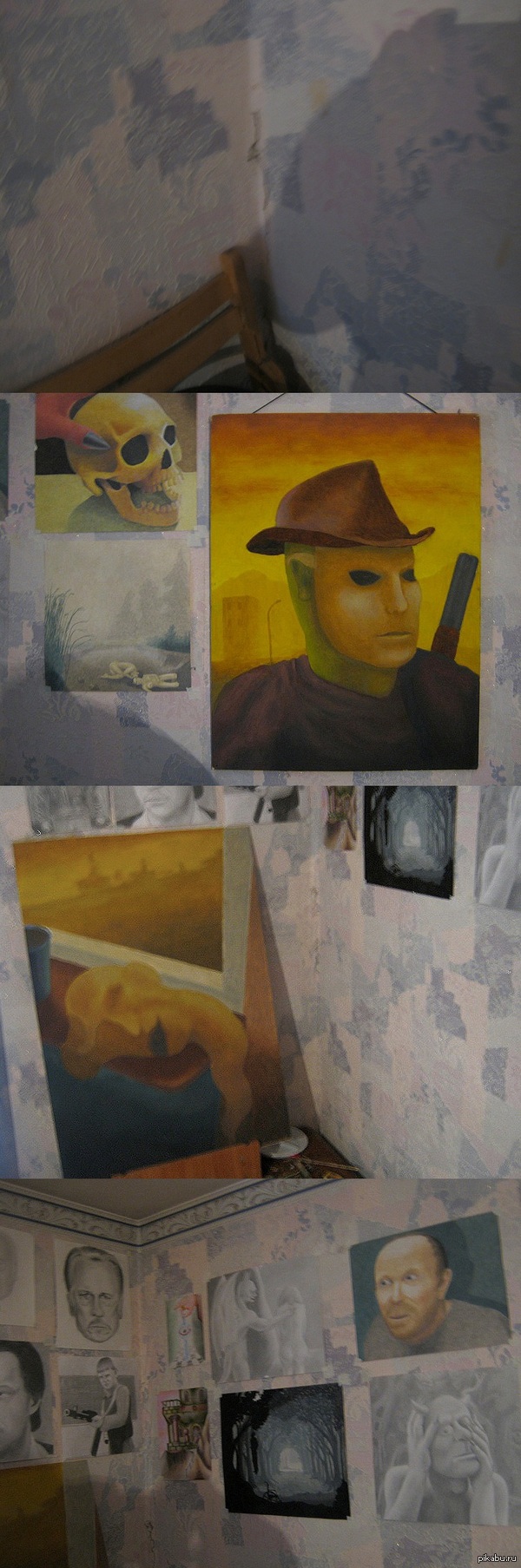 Нестандартное решение. В общем на обоях стали появляться трещины. Решил завешивать трещины собственными художествами.