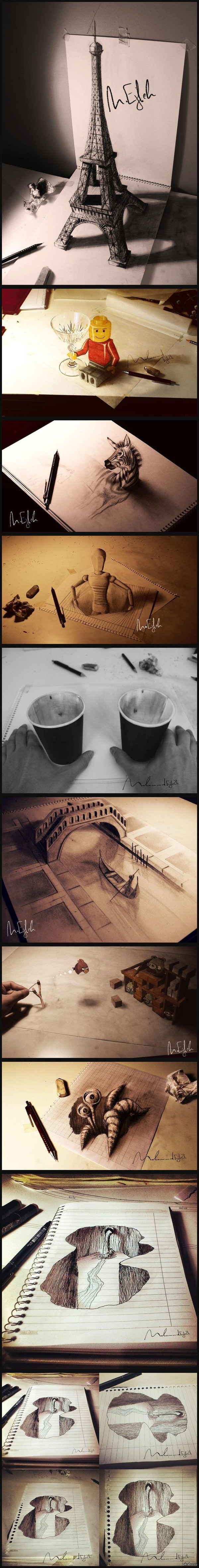 Трёхмерные карандашные рисунки Один сирийский двадцатилетний студент-архитектор в перерывах между парами создает необычные 3D рисунки карандашом