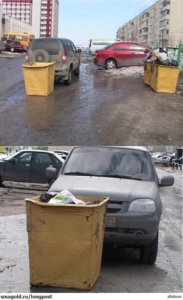 Водители мусоровозов наглядно "объяснили" автовладельцу, что парковаться на контейнерной площадке запрещено.