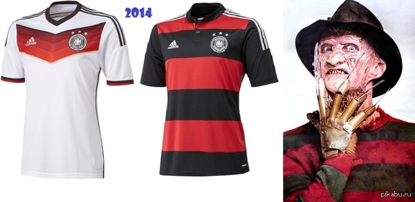 Форма сборной Германии по футболу похожа на одежду Фредди Крюгера. :)