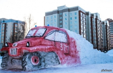 Novosibirsk rescuers made a fire truck out of snow - Rescuers, Snow, Car, Лепка