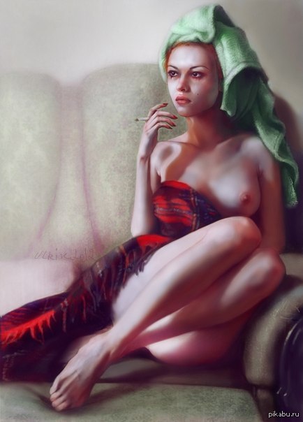 While no one is home. - NSFW, Art, Drawing, Girls, Breast, Plaid, Cigarettes, Thoughts