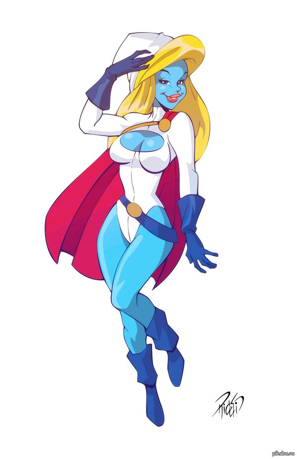 Power Girl Smurffette - NSFW, Арт, Пауэр Гёрл, DC Comics, Smurfette, Смурфики, Смурфетта, Кроссовер, Rickcelis