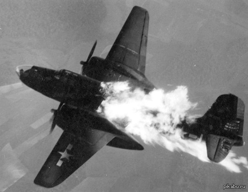 Douglas A-20 Havok on fire after being hit by an anti-aircraft gun. - 1944, Airplane