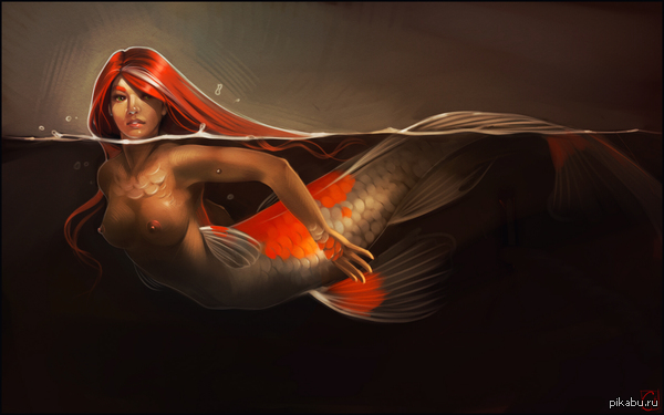 Mermaid - NSFW, Mermaid, Gaudibuendia, Monster girl, Art, Fantasy, Redheads