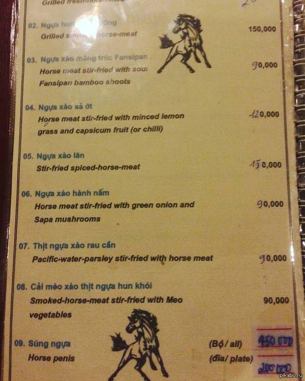 A friend found a cozy restaurant in Sapa, and there on the menu... - NSFW, A restaurant, Menu, horsemeat, 