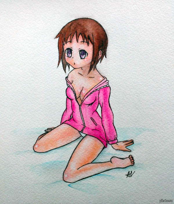 Wakana Ui - NSFW, My, Anime, Anime girls, Watercolor, Drawing, 