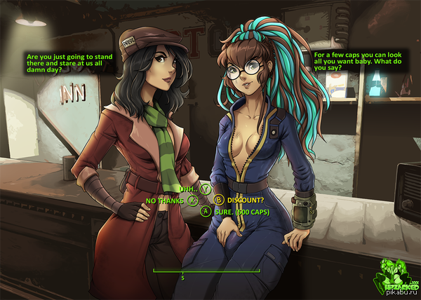 - Ты так и будешь там стоять и пялиться на нас весь день?  - За несколько крышек ты сможешь увидеть всё что захочешь. Что скажешь на это?