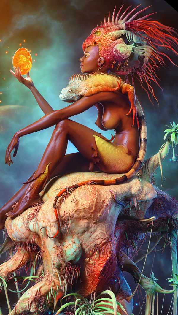 Reptile Queen. - NSFW, Queen, Reptiles, Lizard, Digital 3D, Fantasy, Illustrations, Art, 3D