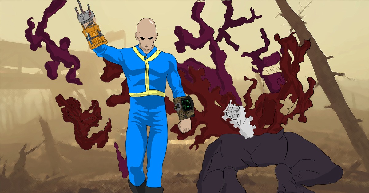 Fallout animation. Кроссовер Fallout 4. Сайтама Fallout. Fallout 76 Crossover. Ванпанчмен Джоджо.