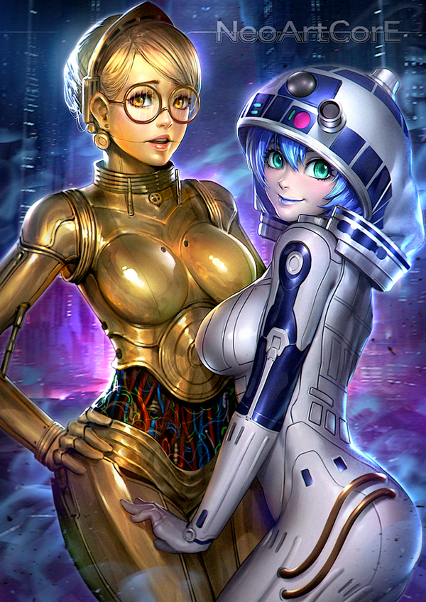 R2D2 and C3PO - NSFW, Fan art, Star Wars, Girls, Android, c-3po, R2d2, Humanization, Art, Neoartcore