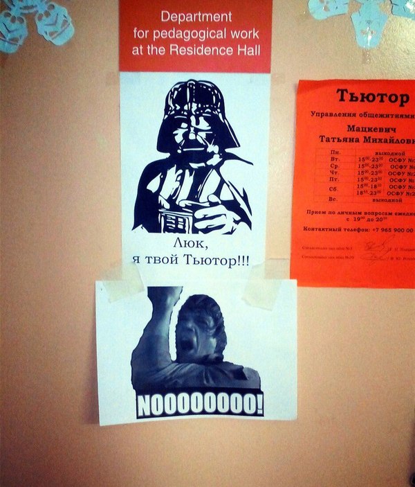 Тьютор общежития приклеила себе на дверь эту картинку, студенты ответили :)