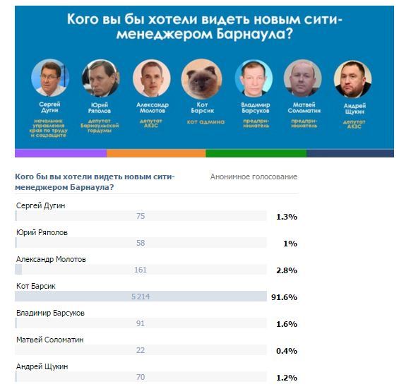 Новый глава Барнаула от «Единой России» проиграл интернет-выборы коту