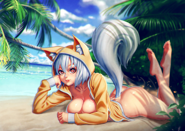 Kitsune - NSFW, Beach, , Monster girl, Nikita VARB, Anime, Anime art