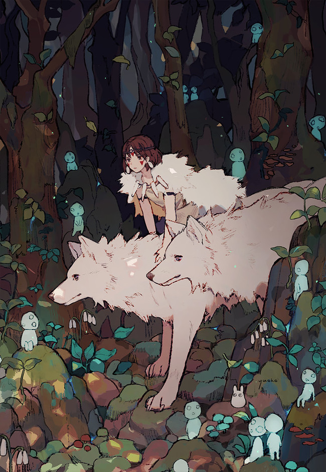 By Jiayue Wu - Jiayue Wu, Art, Anime, Drawing, Anime art, Princess mononoke, Forest, Wolf