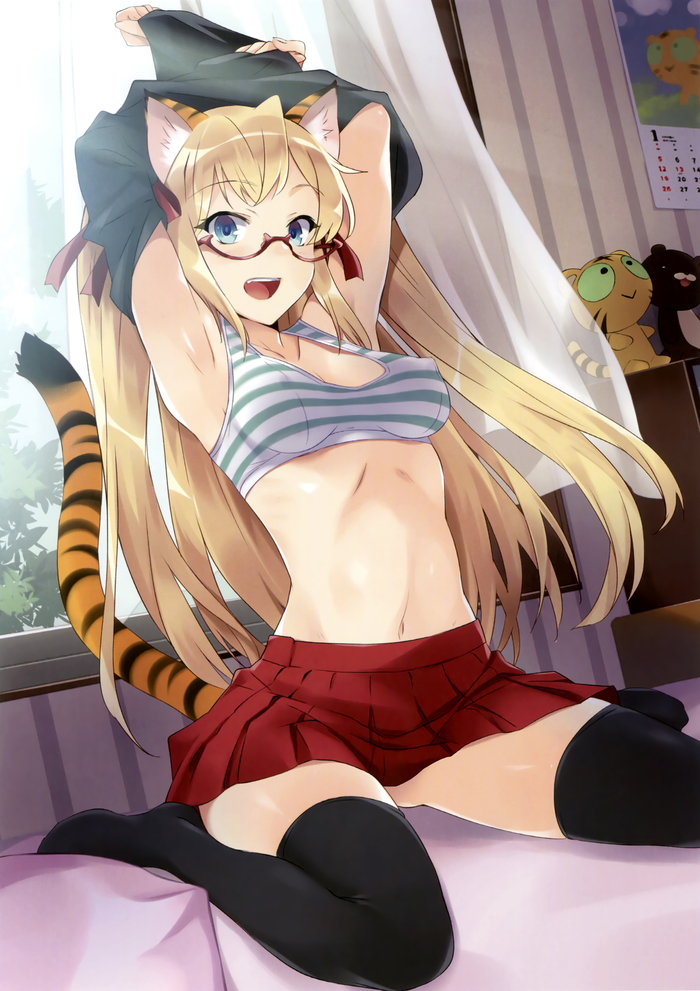 Art Tiger - Anime art, Anime, , Nipples, Breast, Tail, Ears, Glasses