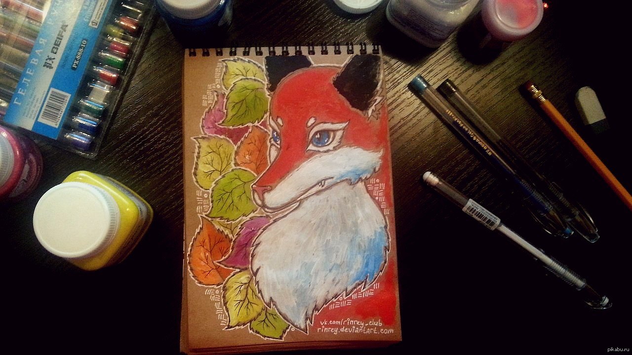 Craft paper - My, Fox, Drawing, Acrylic, Gel pen, My, Creation