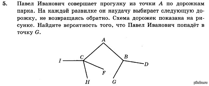 На рисунке 59. Павел Иванович совершает прогулку из точки а по дорожкам парка. Павел Иванович совершает прогулку из точки а. Найдите вероятность того что Павел Иванович попадет в точку g. Задачи вероятность с развилкой.