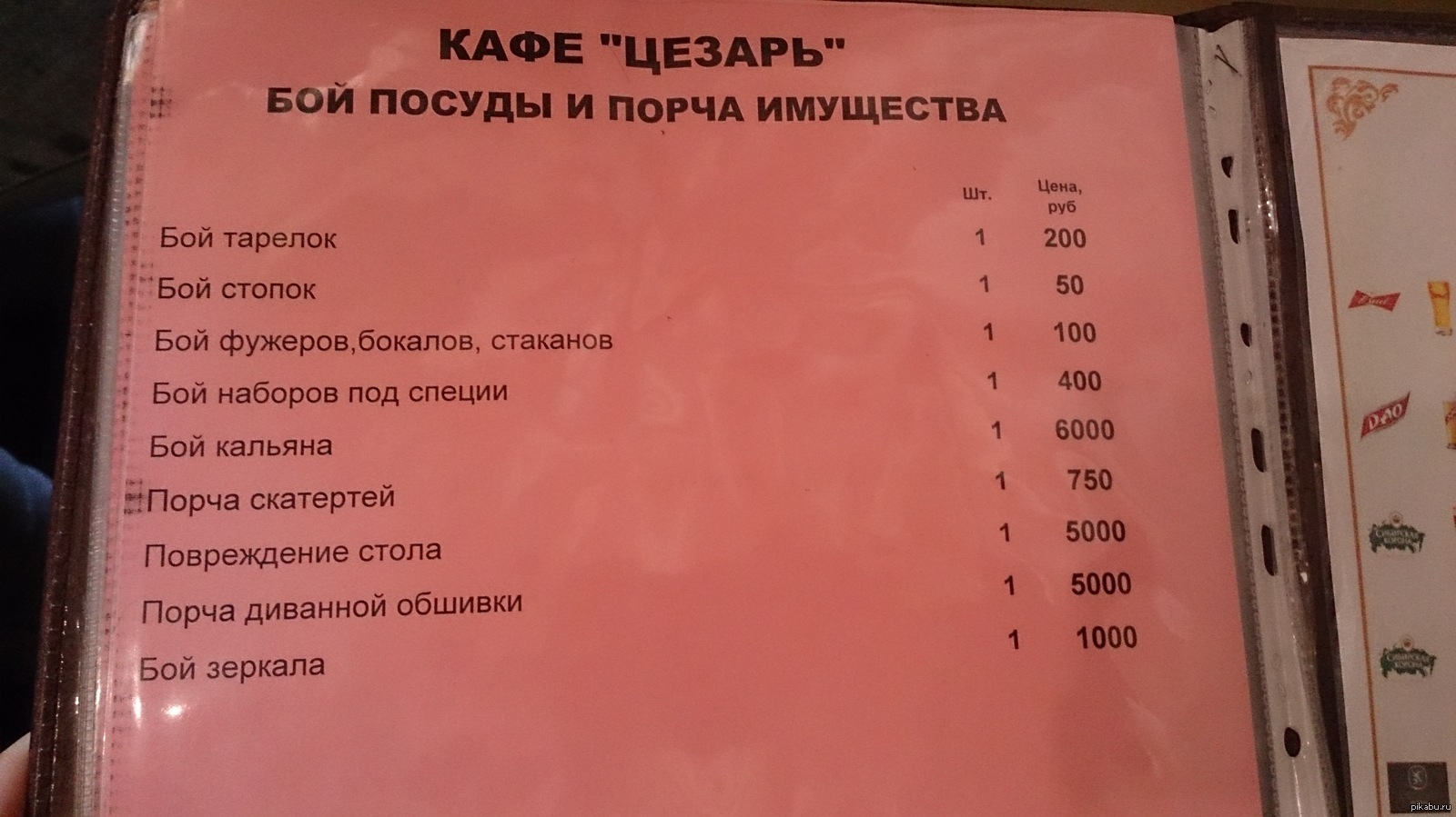 прайсы в кафе