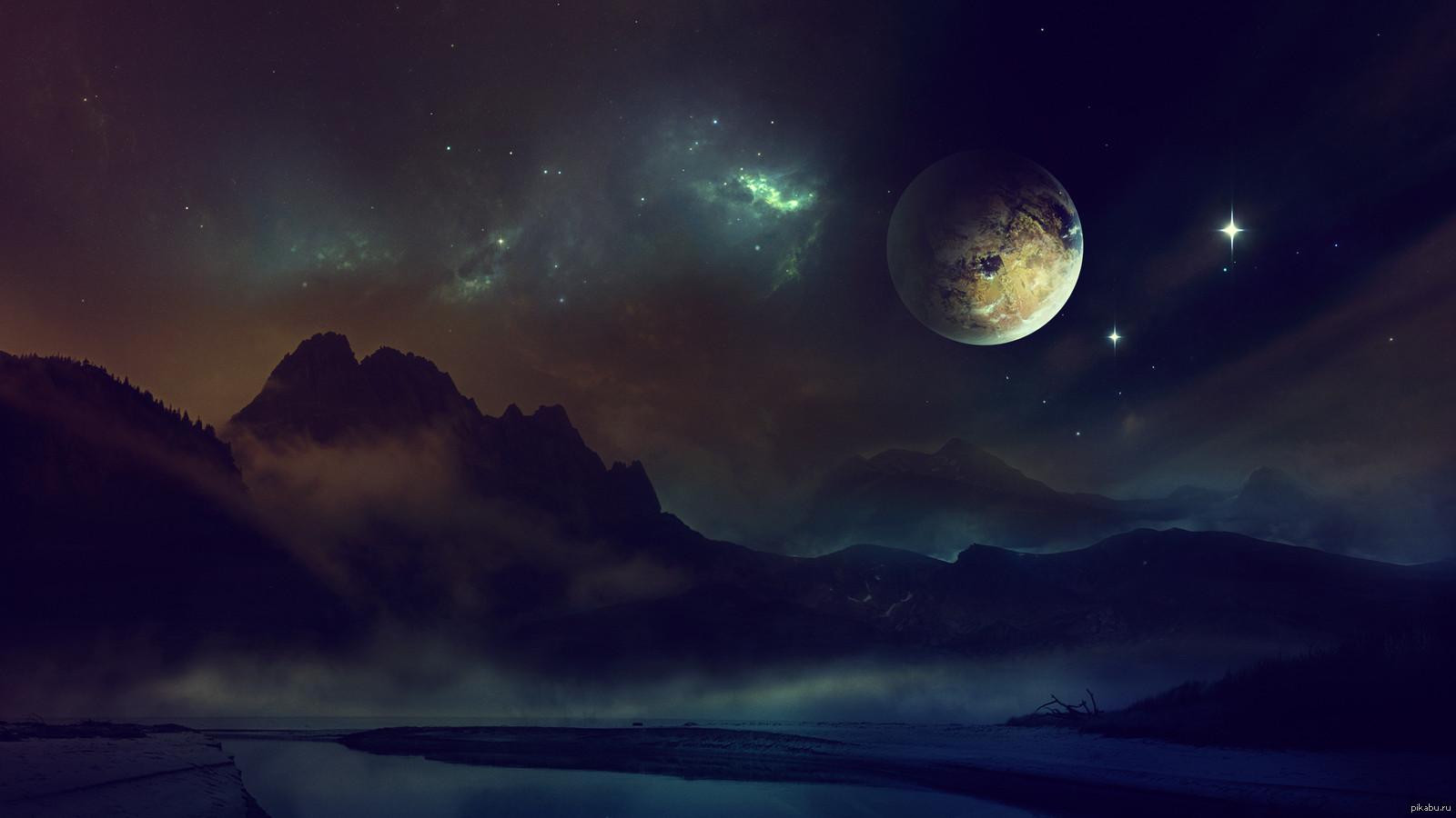 Ночь с луной 4. Космический пейзаж. Ночной пейзаж. Лунная ночь. Ночное небо.