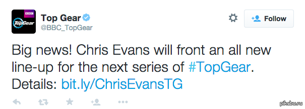The BBC has announced that Chris Evans will be the new host of the Top Gear car show. Evans signed a three-year contract. - Twitter, Top Gear, Chris Evans
