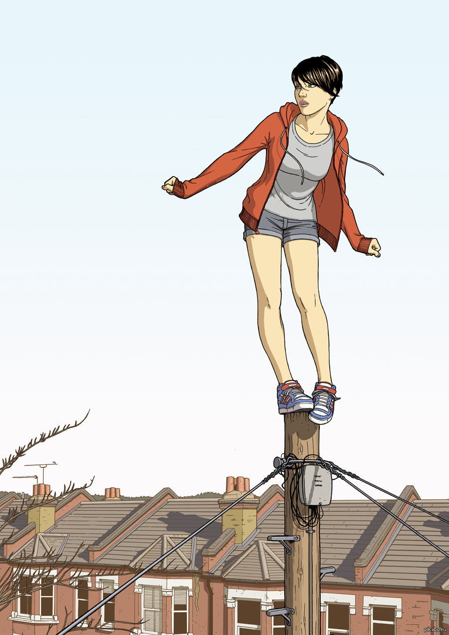 Нарисованная девушка на крыше