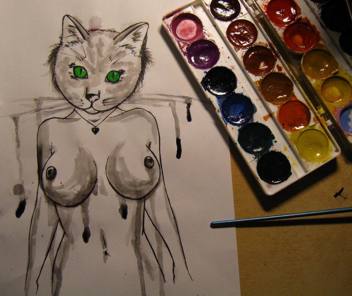 What Peekaboo loves in one picture - NSFW, Drawing, cat, Boobs, Watercolor