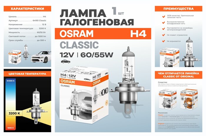 ����������� ����� H4 Osram Classic 60/55W 12V 64193