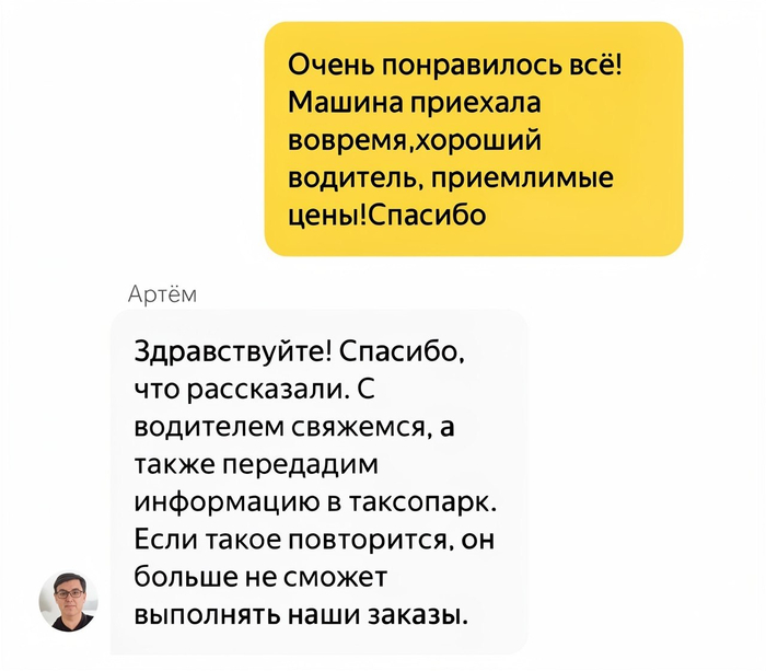 Ответ в чате поддеркди пользовтаельского приложения Яндекс. Go