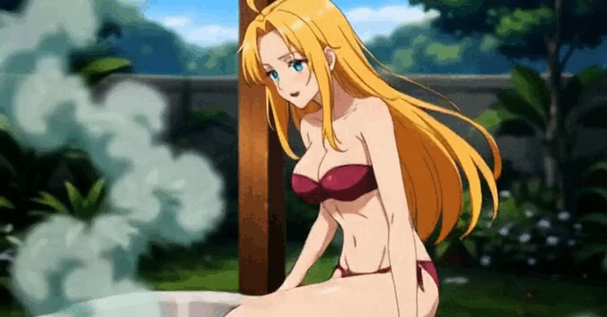 Post #14362722 - Neural Network Content, Swimsuit, Bathing, Anime, Water, Bath, Water, Bikini, Steam, Hot water, Bonfire, Fire, Smoke, Garden, Women, Blonde, GIF