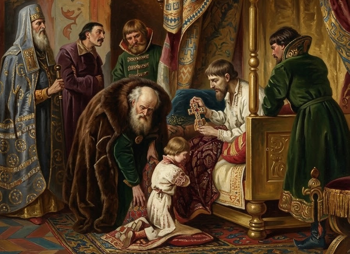 Василий III перед своей смертью благословляет своего сына Ивана (будущего Ивана Грозного).