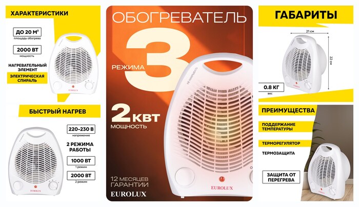 Тепловентилятор, Eurolux ТВС-EU-1, 2 кВт, до 20м2, 3 режима, спиральный нагревательный элемент