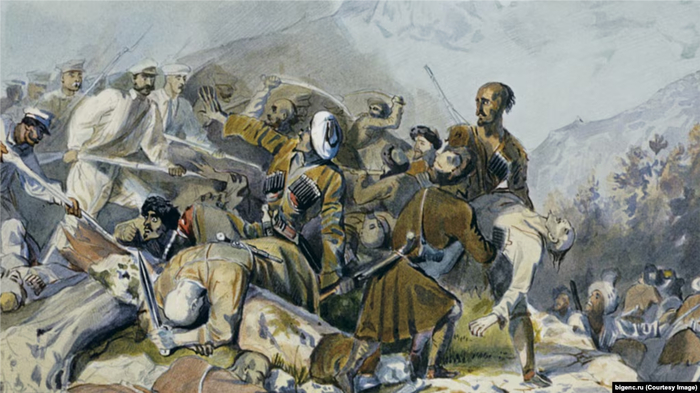 "Эпизод из сражения при Валерике". Рисунок М. Ю. Лермонтова. Раскрашен Г. Г. Гагариным. 1840. Русский музей (С.-Петербург).