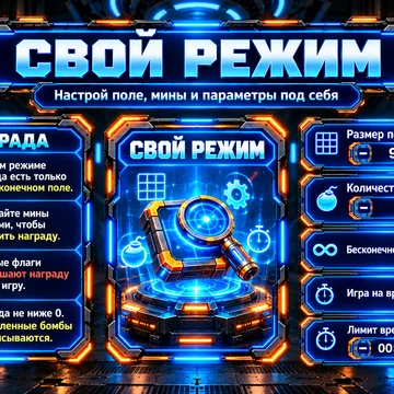 Сапёр: Бомбит - классическая головоломка с ярким оформлением и новыми возможностями! Открывайте клетки, находите мины, выбирайте уровень сложности или испытайте себя в бесконечном режиме. Побеждайте, зарабатывайте бомбиты и устанавливайте рекорды! (скриншот 2)